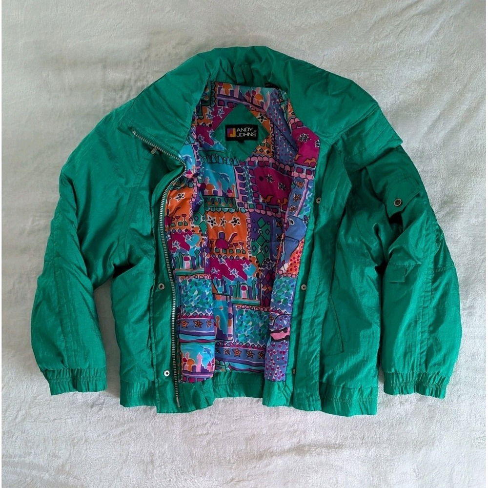 VTG 80's 90's Andy John Puffer Coat Green w/ Multi Colored Art‎ Deco Lining Sz L